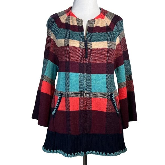 Anthropologie Sweaters - HWR Monogram Cardigan X Small Plaid Zip Up Swing Sweater Jacket Pockets Red Blue